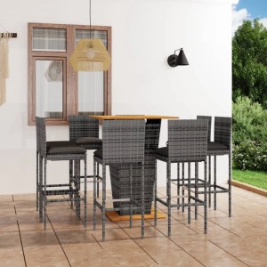 vidaXL Gartenbar-Set, 9-teilig, grau, mit Polyrattan-Barhockern und Akazienholztisch.