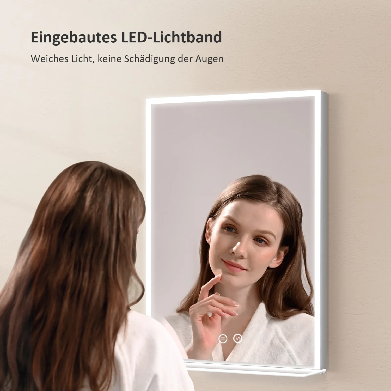 Emke Badspiegel 50x70 mit LED-Beleuchtung, Kaltweiß, Ablage und Touch-Funktion.