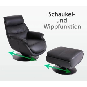 Schwarzer MCW Relaxsessel mit Hocker aus Leder, Schaukel- und Wippfunktion. Drehbarer Loungesessel für entspannten Komfort.