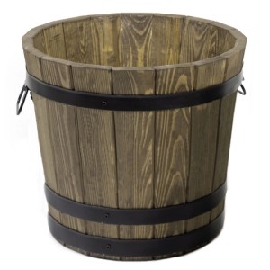 HolzFee Pflanzkübel Rustikal Dunkel Walnuss, rund, aus Kiefernholz mit schwarzen Metallbändern.