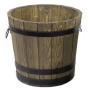 HolzFee Pflanzkübel Rustikal Dunkel Walnuss, rund, aus Kiefernholz mit schwarzen Metallbändern.
