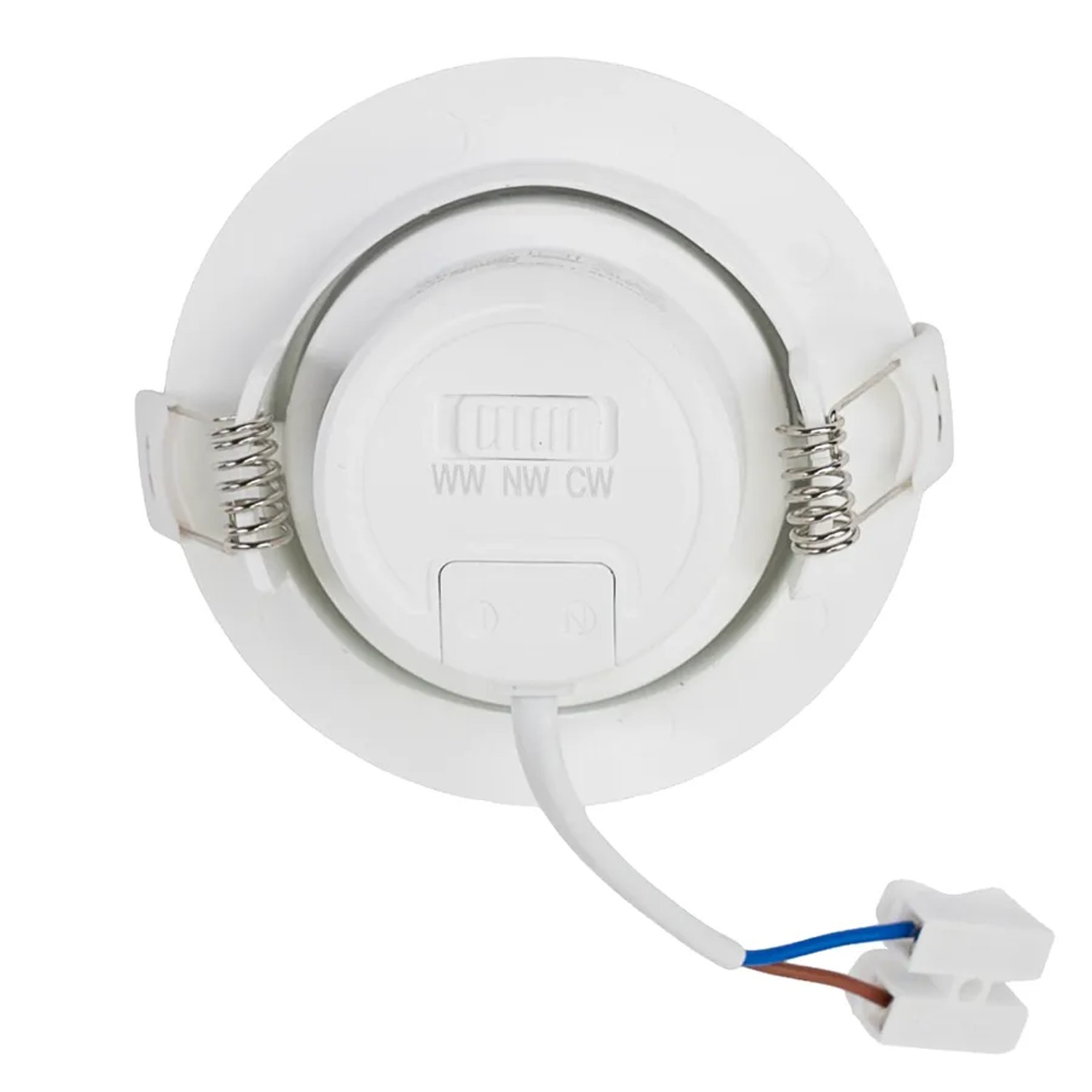 Rückansicht des weißen, dimmbaren LUXULA LED Einbauspots mit Farbwahl und Anschlusskabel.