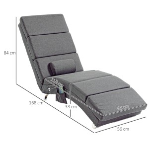Dunkelgraue HOMCOM Relaxliege mit Massagefunktion und Kissen, Maße eingezeichnet.