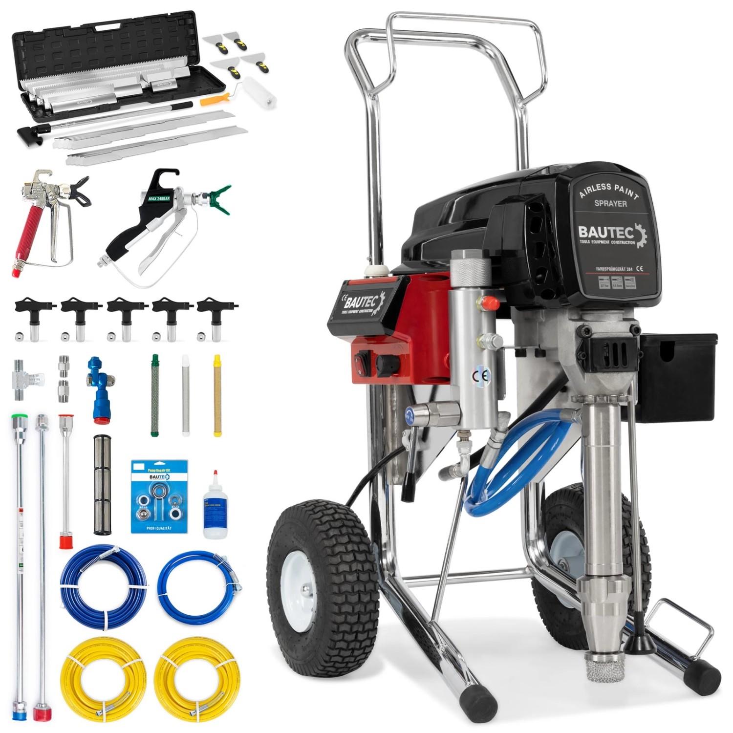BAUTEC Airless Farbsprühgerät 384 mit Kolbenpumpe 4.000 W bis 6,3 l/min auch Spritzspachtel XXL-Set mit Flächenpachtelse...