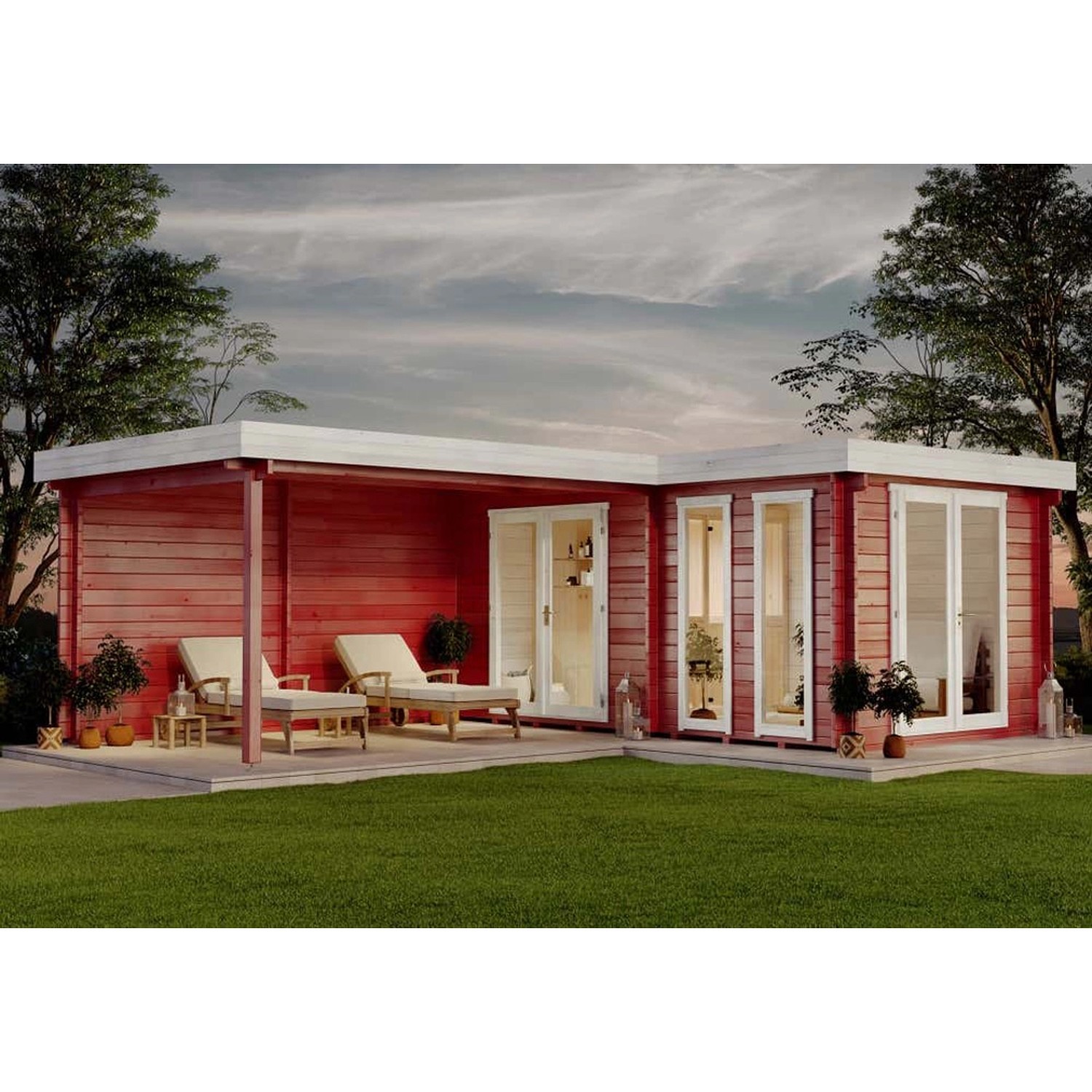 Finntherm Gartensauna Quinta ISO, naturbelassen, mit Liegen und Terrasse im Garten.