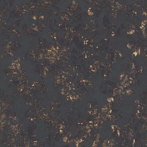 Tadessi Vliestapete Schwarz mit goldfarbenem Barock-Ornament. Dekoratives, luxuriöses Tapetenmuster für elegante Wandgestaltung.