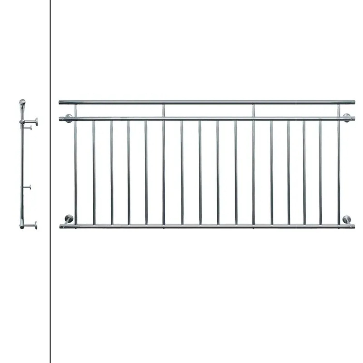 Glänzender französischer Balkon aus Metall, 225x90 cm, mit 16 vertikalen Füllstäben. Tür- & Fenstersicherung.