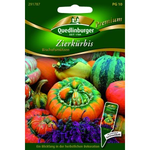Samenpackung Quedlinburger Zierkürbis 'Bischofsmützen' mit orange, gelben und grünen Kürbissen.