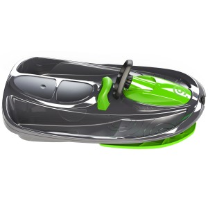 Grauer Kunststoffbob Gizmo Riders Stratos mit grünen Akzenten.