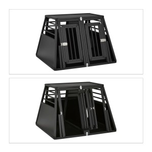 Schwarze Relaxdays Hundebox aus Aluminium mit Trennwand für den sicheren Transport im Auto.