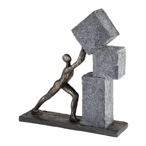 Bronzefarbene Skulptur eines Mannes, der graue Blöcke stapelt. Dekorative Kunstharz Figur Stacking, 30,5 cm hoch.