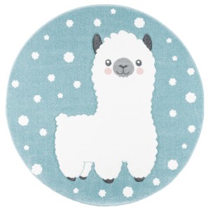 Runder, pastellblauer Kinderteppich mit Alpaka-Motiv, 200x200 cm.