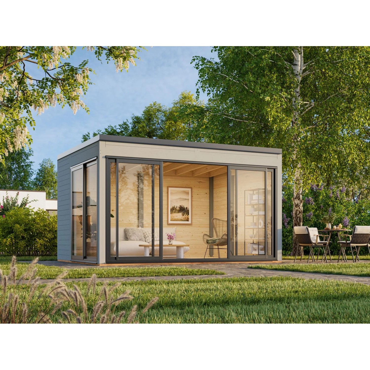 Palmako Holz-Gartenhaus Serena Slide Plus Pultdach Lackiert 420 cm x 320 cm