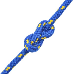 Blaues Polypropylen Bootsseil mit gelbem Muster und Achterknoten. Robustes Boot-Zubehör, 10 mm.
