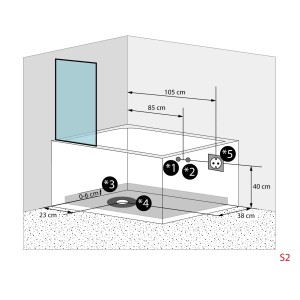 Skizze der AcquaVapore Seniorendusche und Badewanne S12D-R-EC mit Maßen und Anschlüssen.
