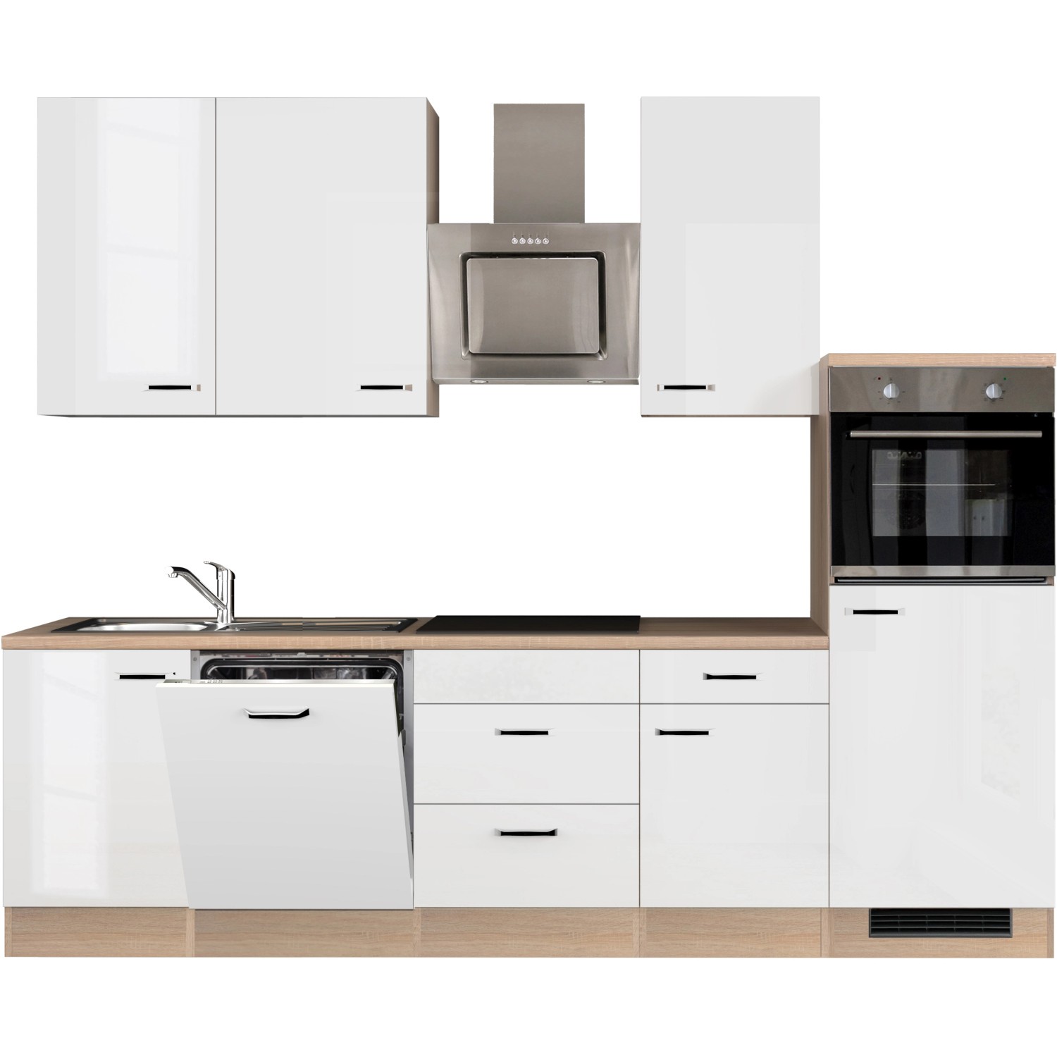 Flex-Well Exclusiv Küchenzeile/Küchenblock Valero 280 cm Hochglanz Weiß - Sonoma Eiche