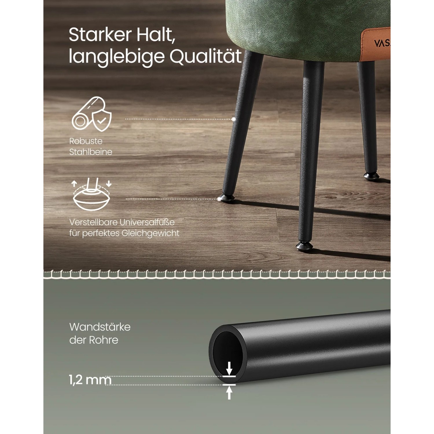 Vasagle Sitzhocker Waldgrün mit Stahlbeinen und verstellbaren Füßen, Detailaufnahme der Rohrwandstärke.