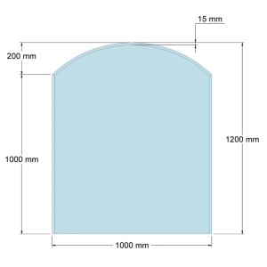 Technische Zeichnung einer Feuercampus Funkenschutzplatte aus Glas, Segmentbogen, 120x100 cm, mit Maßangaben.