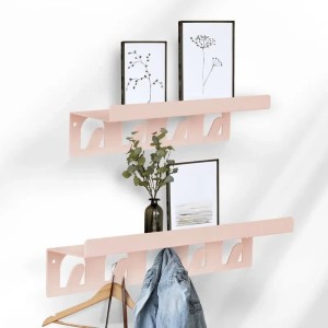 2er Set KARAT Wandregale aus Metall in Rosa mit Haken für Deko und Jacken.