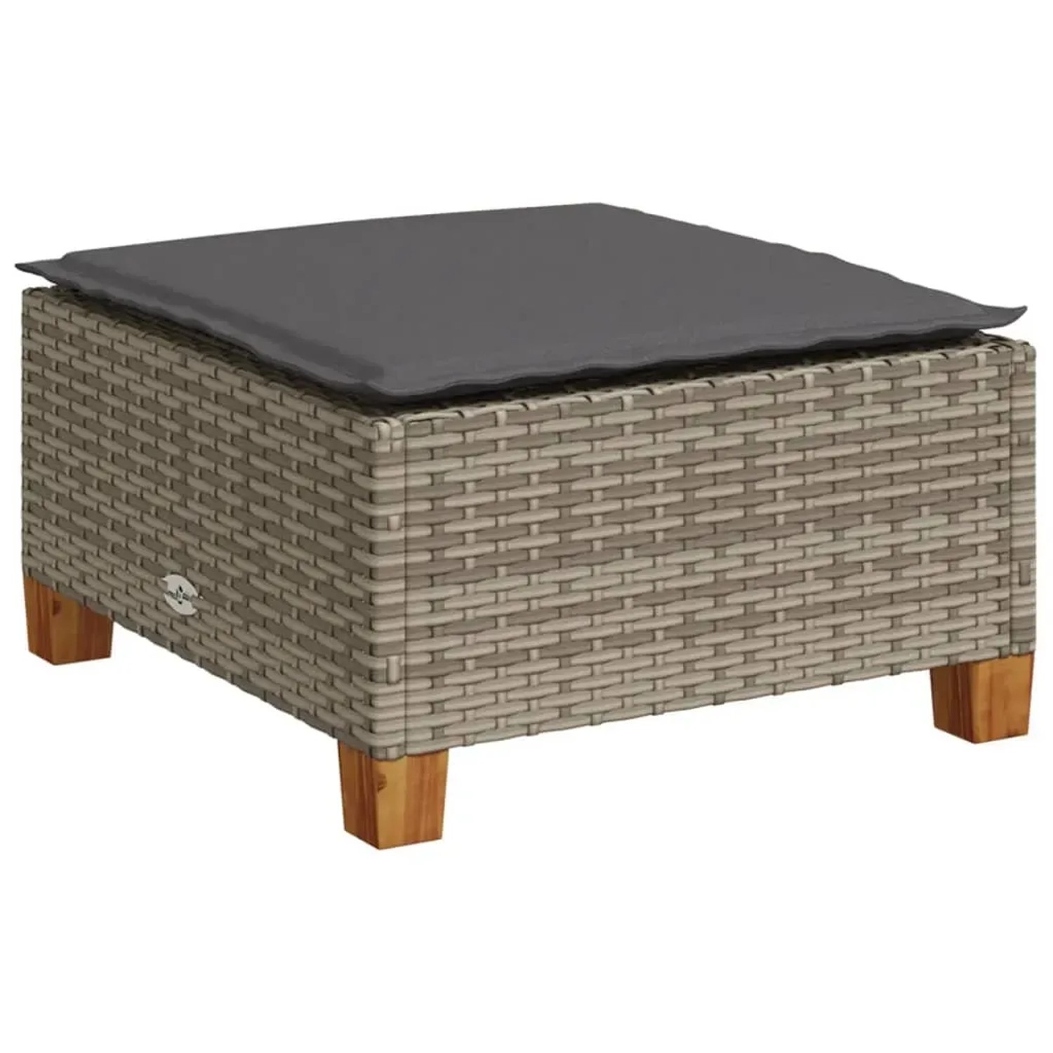 Grauer vidaXL Gartenmöbel-Fußhocker aus Polyrattan mit dunklem Kissen und Holzfüßen.