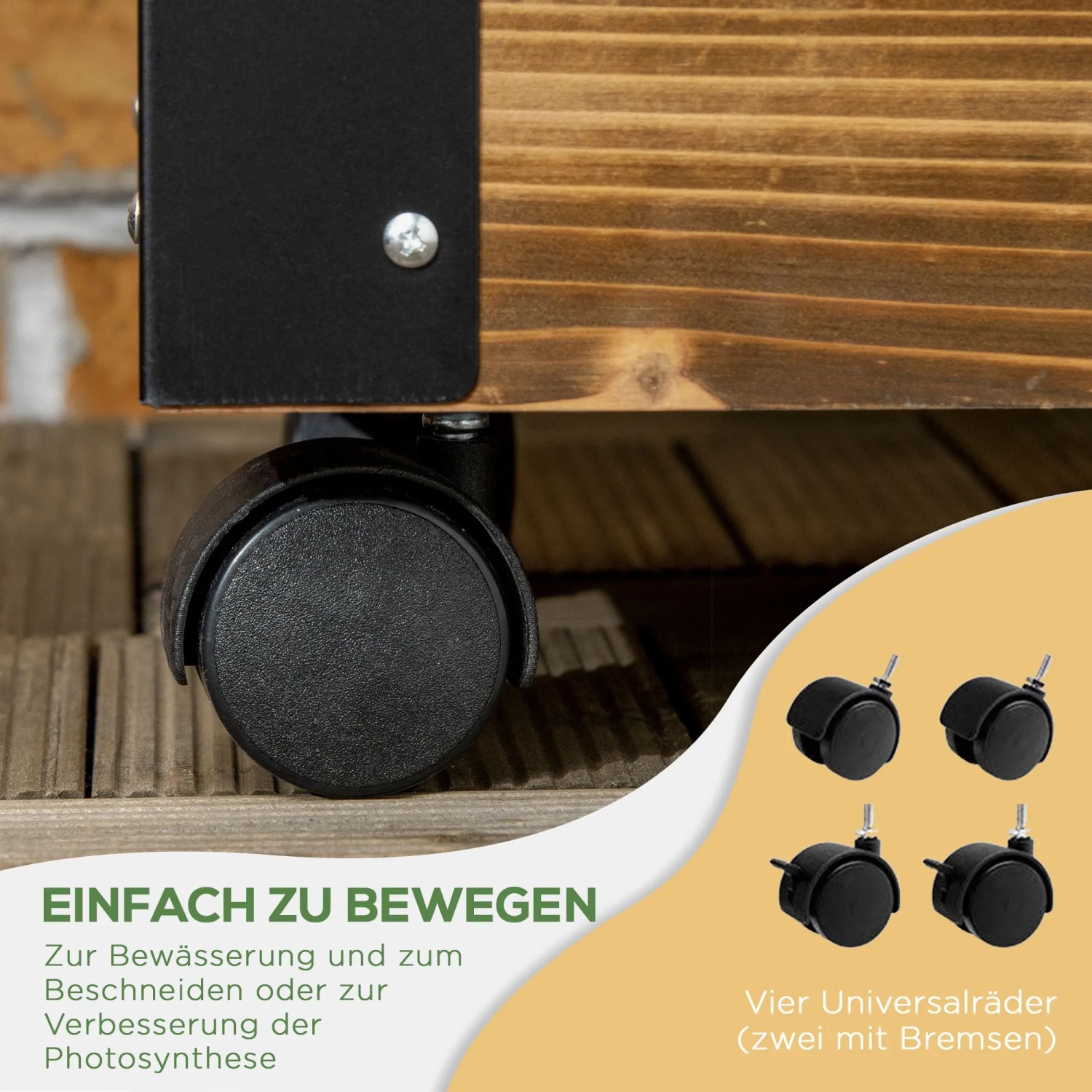 Detailaufnahme: Räder des Outsunny Hochbeets aus Tannenholz, mobil und flexibel im Garten.