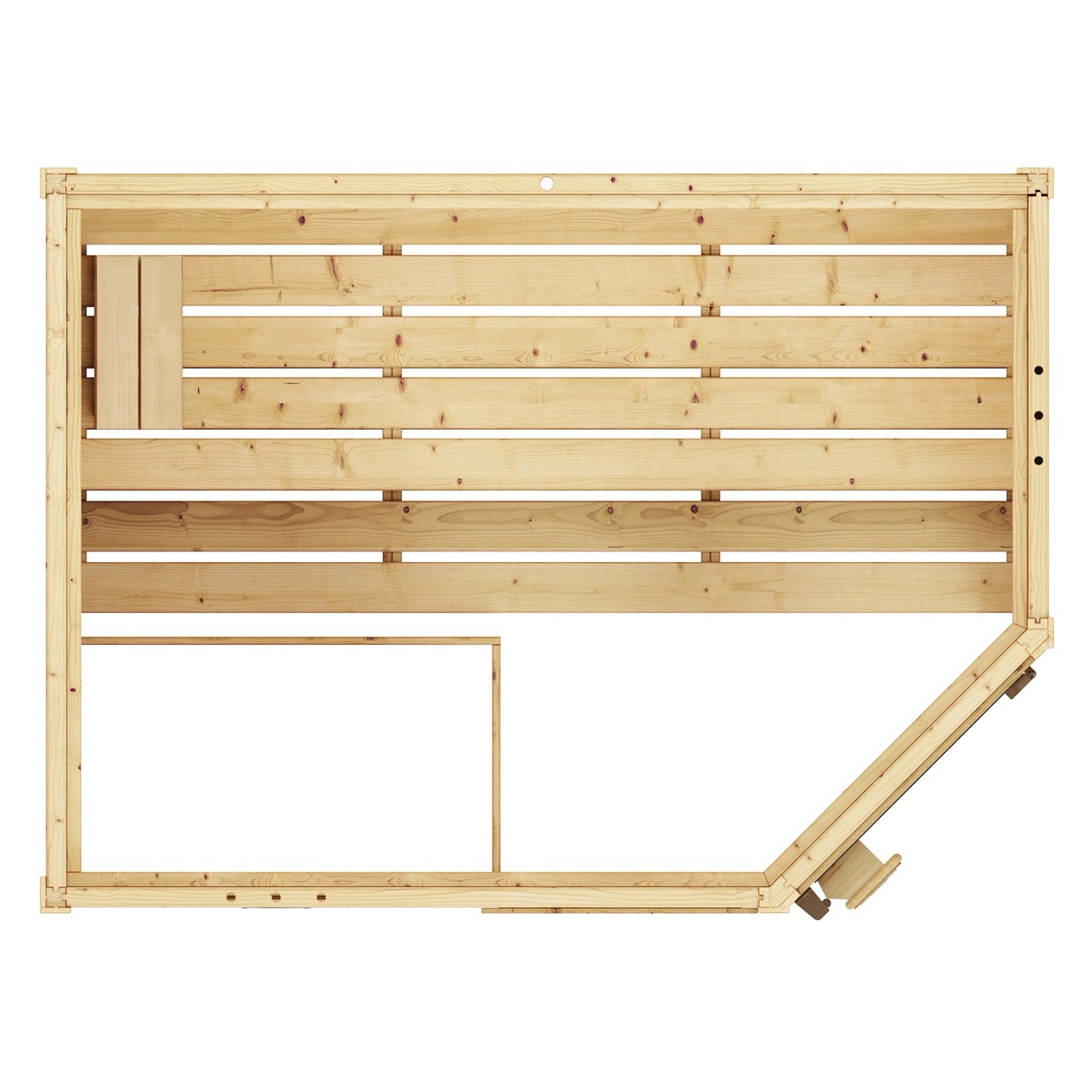 Weka Massivholzsauna Valida Eck, naturbelassenes Fichtenholz, Eckeinstieg mit Glastür, ohne Ofen.