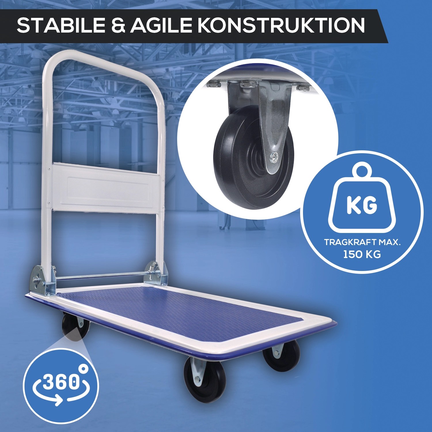 Klappbarer TroniTechnik Transportwagen mit Antirutsch, 150 kg Tragkraft, Ladefläche 72x48 cm.