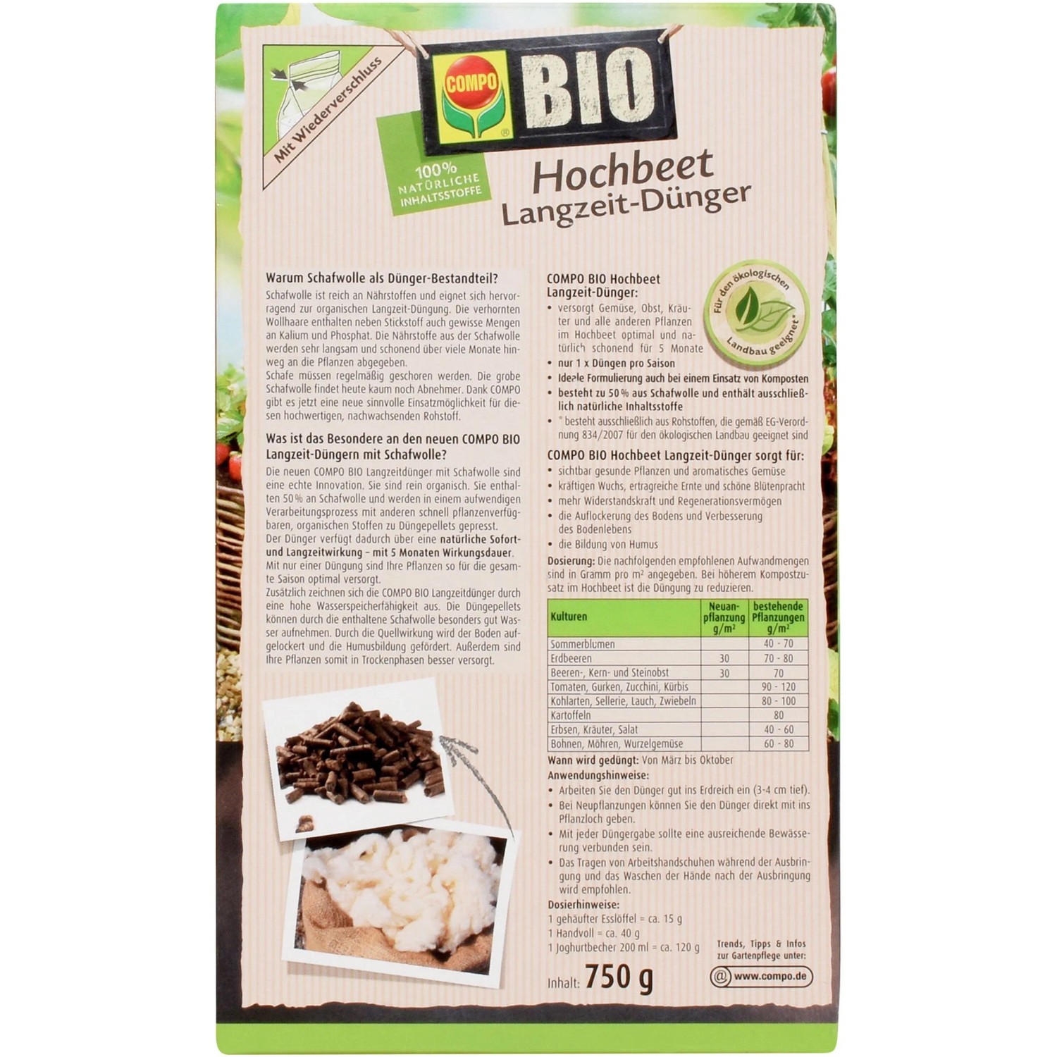 Compo Bio Hochbeet Langzeit-Dünger mit Schafwolle, 750g Packung für Gemüse und Pflanzen im Hochbeet.