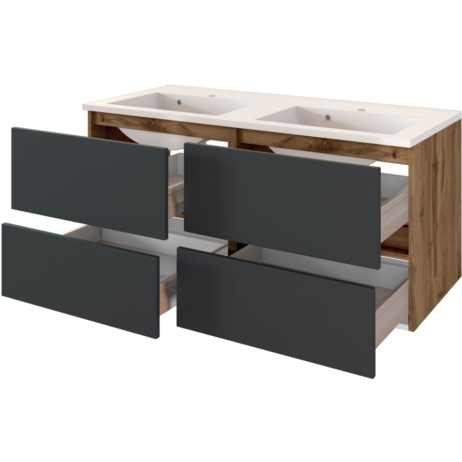 Held Möbel Doppelwaschtisch Bari 120 cm, grau matt, mit vier offenen Schubladen und Softclose.