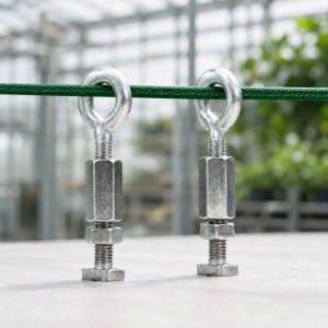 Zwei silberne KGT Ringhaken-Kombinationen aus Edelstahl halten ein grünes Seil im Gewächshaus. Gewächshaus-Zubehör zur Befestigung.