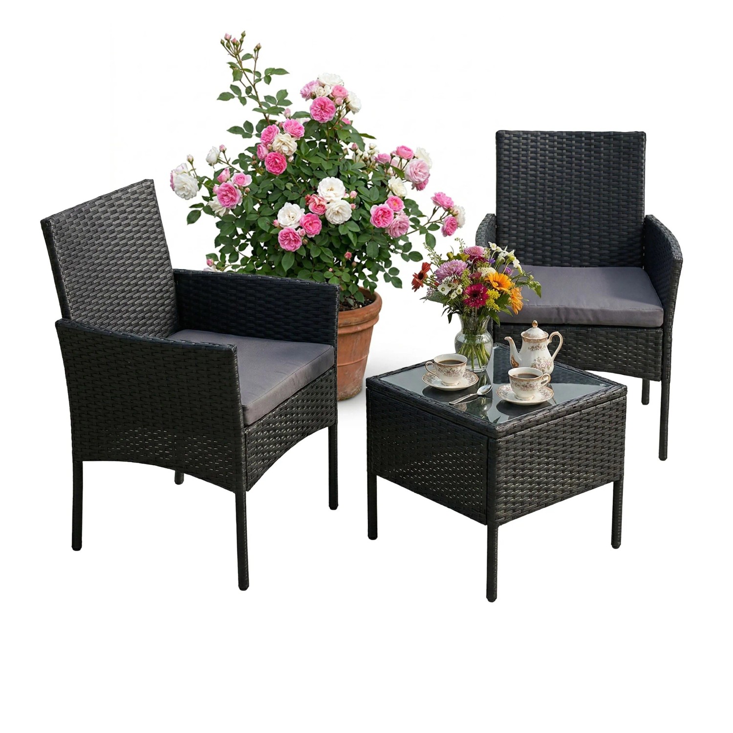 Relaxdays Gartenlounge Set Polyrattan Schwarz Dreiteilig Mit Glastisch 82 cm x 57 cm x 58 cm 40 cm x 40 cm x 40 cm