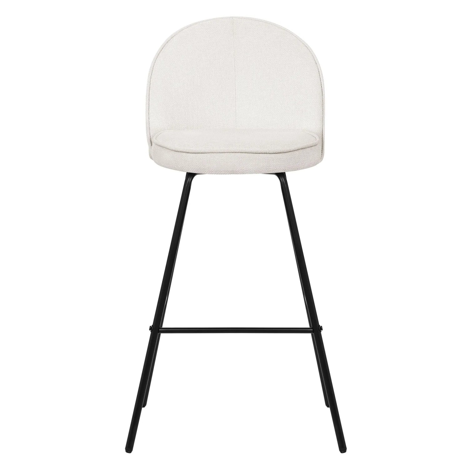 Moderner beiger Barhocker mit Stoffbezug, schwarzem Metallgestell und 75 cm Sitzhöhe.