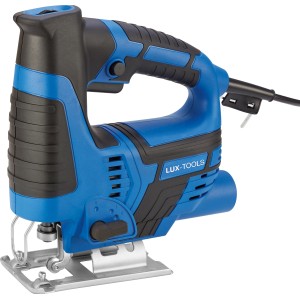 Blaue LUX Stichsäge E-STS-23 mit schwarzem Griff und Metallsägeblatt.