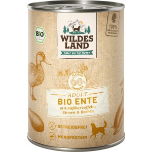 Dose Wildes Land Hunde-Nassfutter Bio Ente mit Süßkartoffel, Birne & Beeren, getreidefrei.