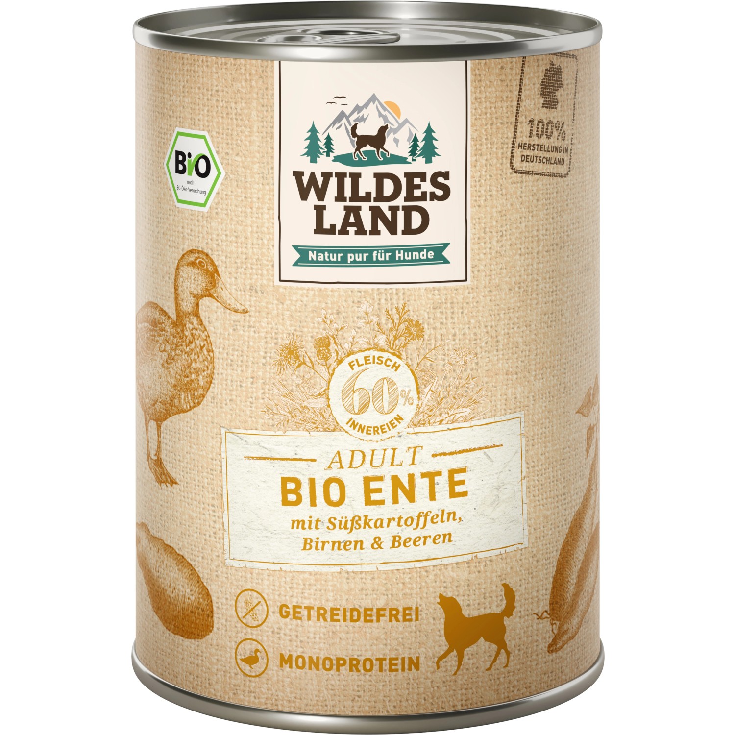 Wildes Land Hunde-Nassfutter Bio Ente mit Süßkartoffeln 400 g