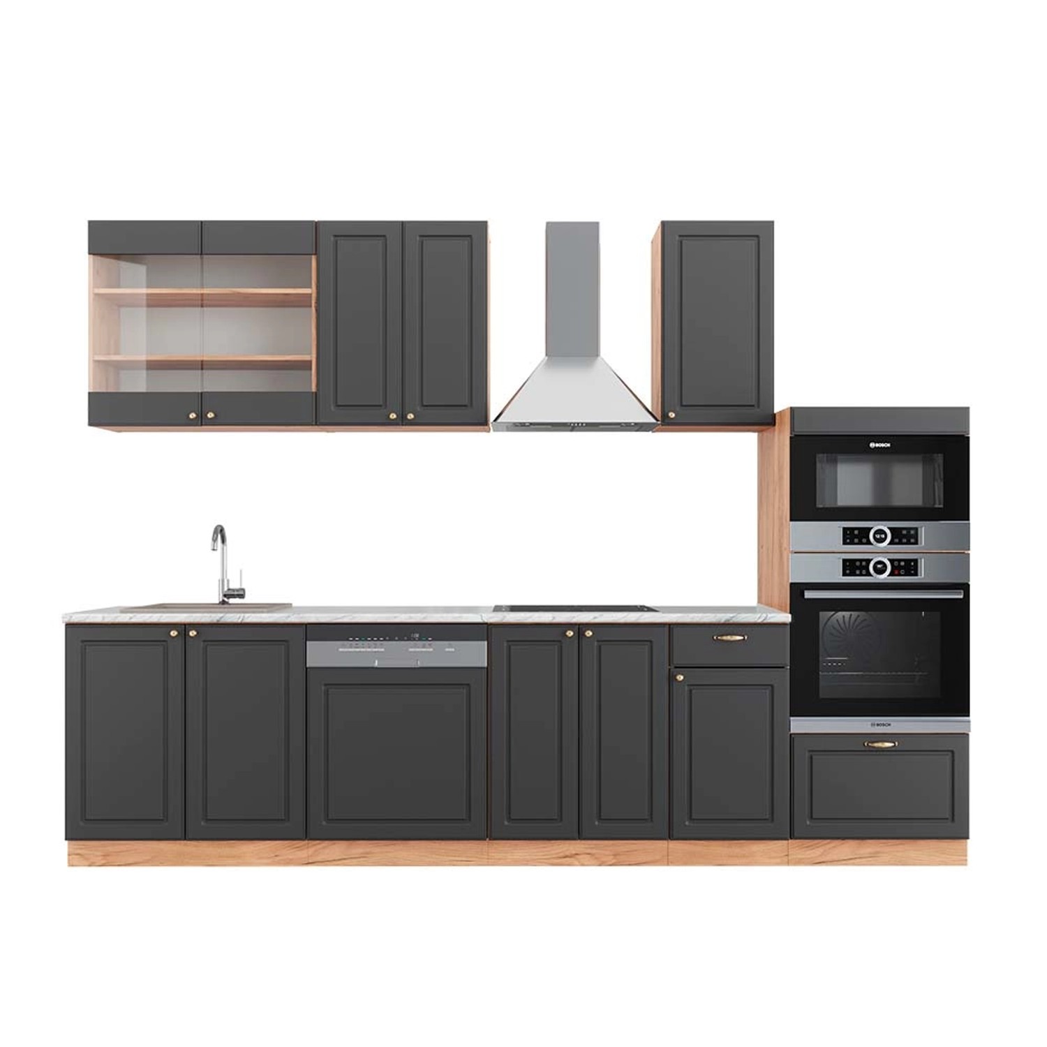 Vicco Fame-Line Küchenzeile Anthrazit Landhaus/Goldkraft Eiche 300 cm mit H günstig online kaufen