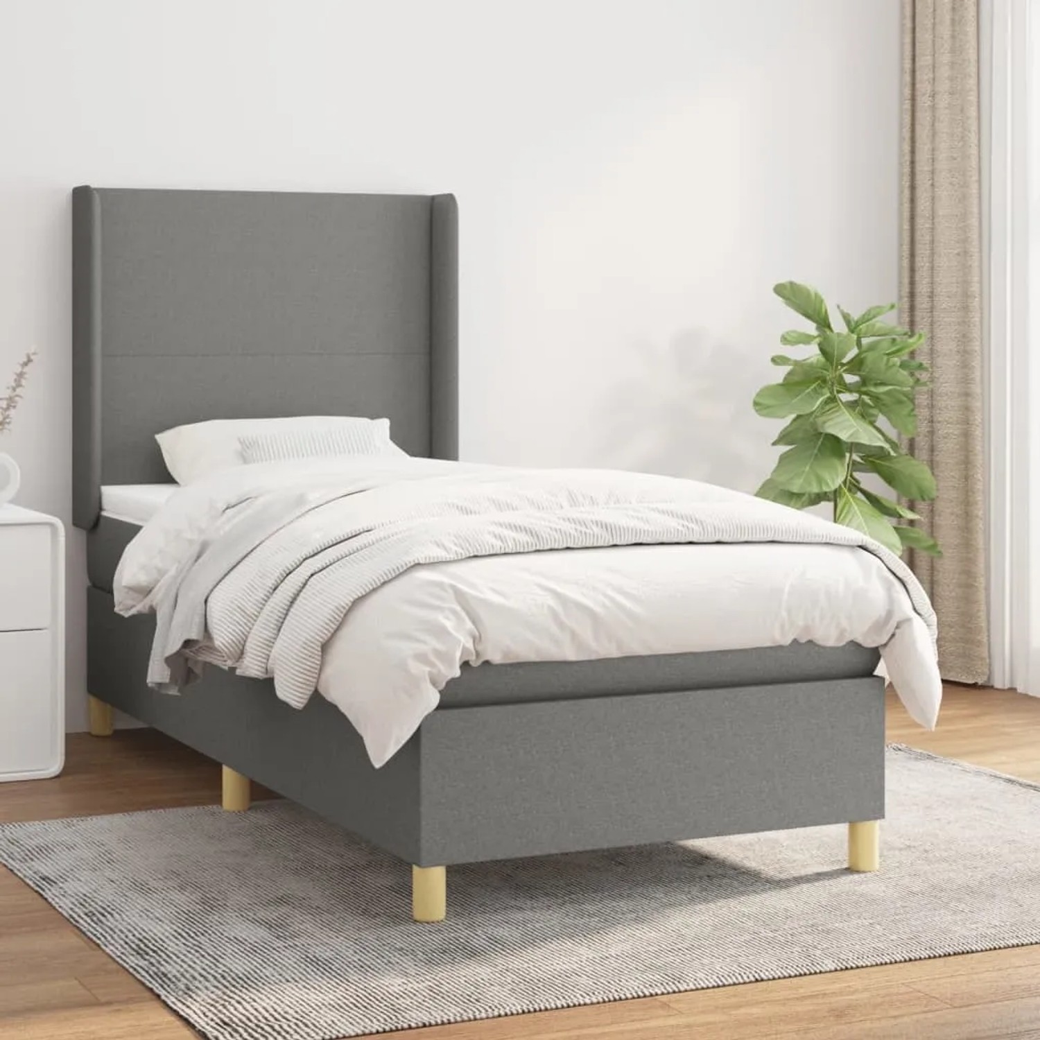 Dunkelgraues vidaXL Boxspringbett (80x200 cm) mit Matratze und hohem Kopfteil.
