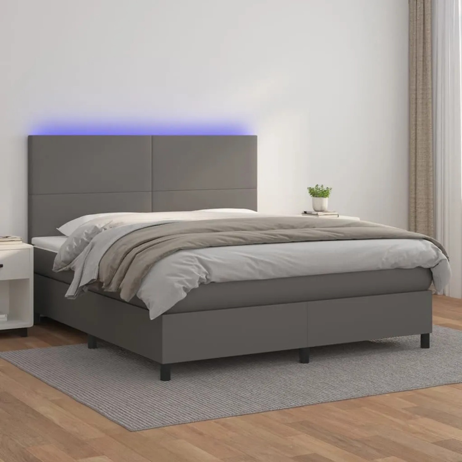 Graues vidaXL Boxspringbett mit LED, Matratze und Kunstleder, Größe 160x200 cm.
