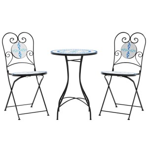 Blau-weißes Mosaik Bistro Set: Gartentisch und 2 Stühle aus Eisen und Keramik.