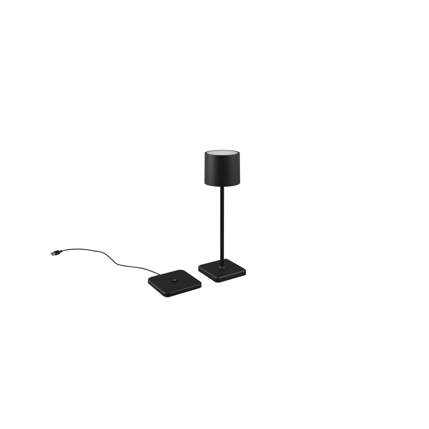 Schwarze Reality LED-Tischleuchte Fernandez mit Ladestation, dimmbar und Akku-betrieben.