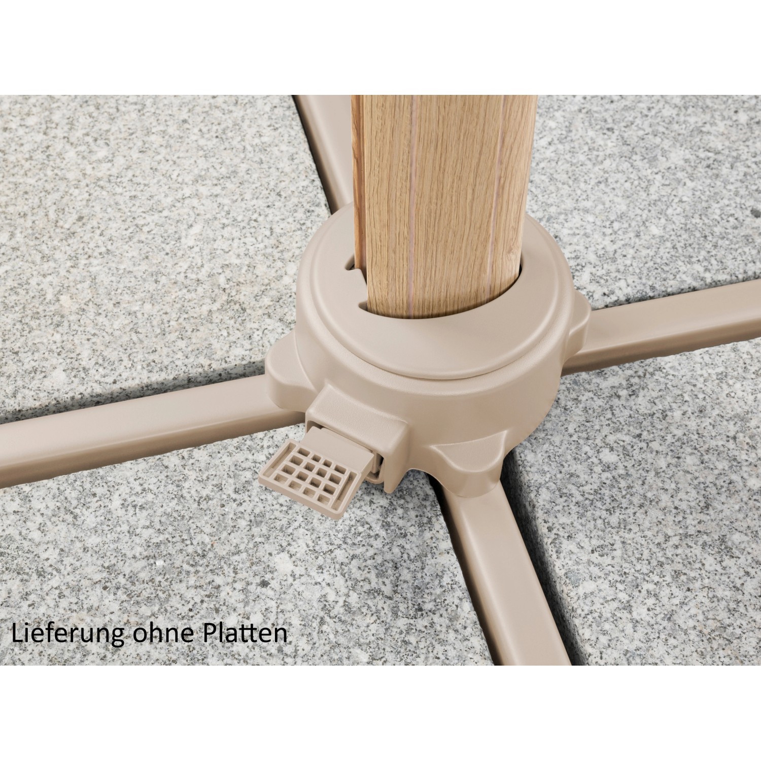 Detailaufnahme des Schirmständers für Schneider Ampelschirm Rhodos Twist. Hinweis: Lieferung ohne Platten.