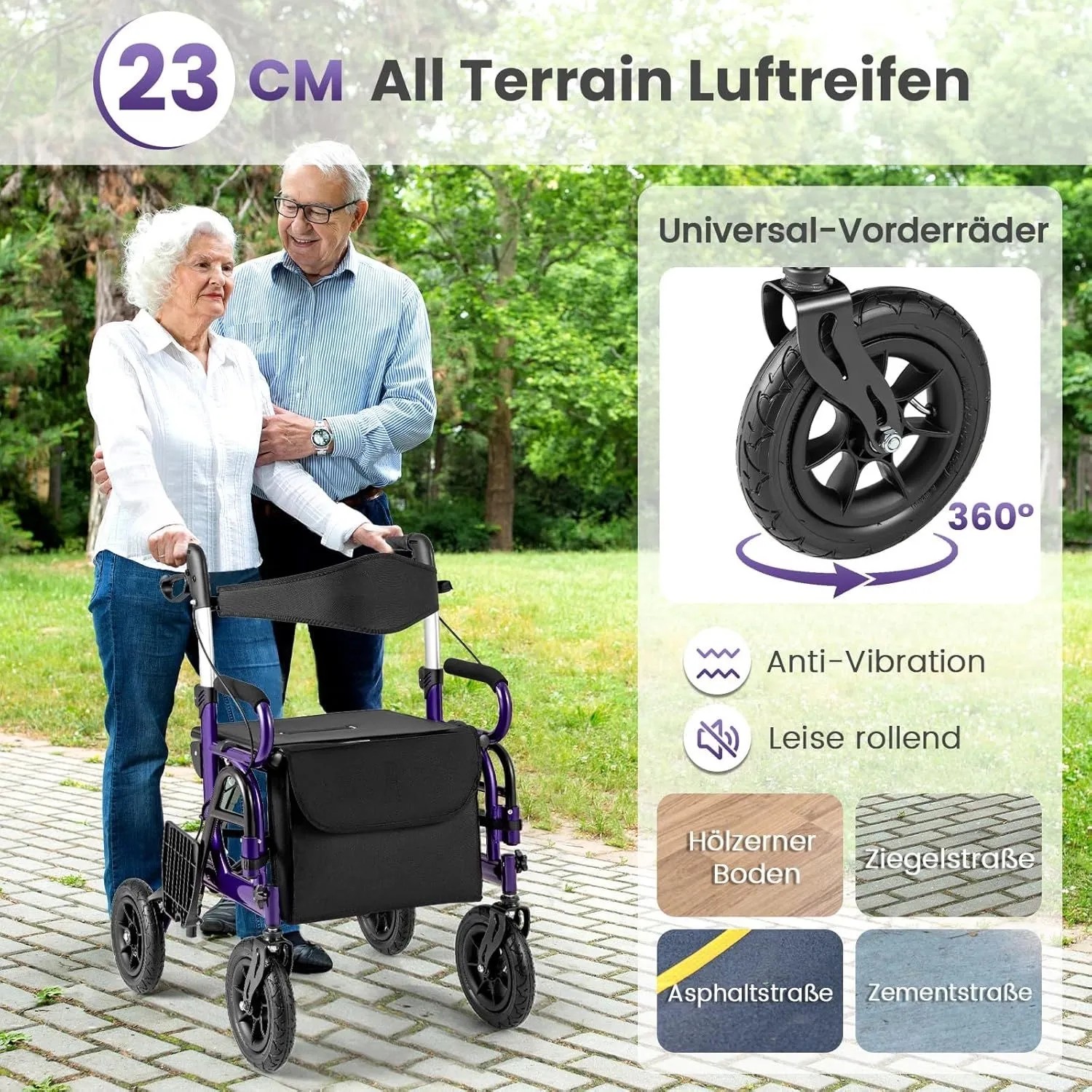 Costway Rollator mit Luftbereifung 2-In-1 Rollstuhl Bis 140 kg Lila_6
