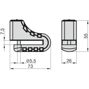 Basi Bremsscheibenschloss in Gelb mit Maßen, geeignet für Fahrräder, E-Bikes und Motorräder.