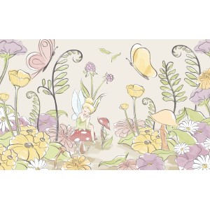 Bunte Vlies Fototapete mit Tinker Bell Motiv, Blumen und Schmetterlingen für das Kinderzimmer.