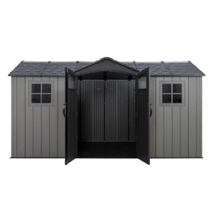 Graues Lifetime Gerätehaus Kentucky mit geöffneten Doppeltüren und Fenster.