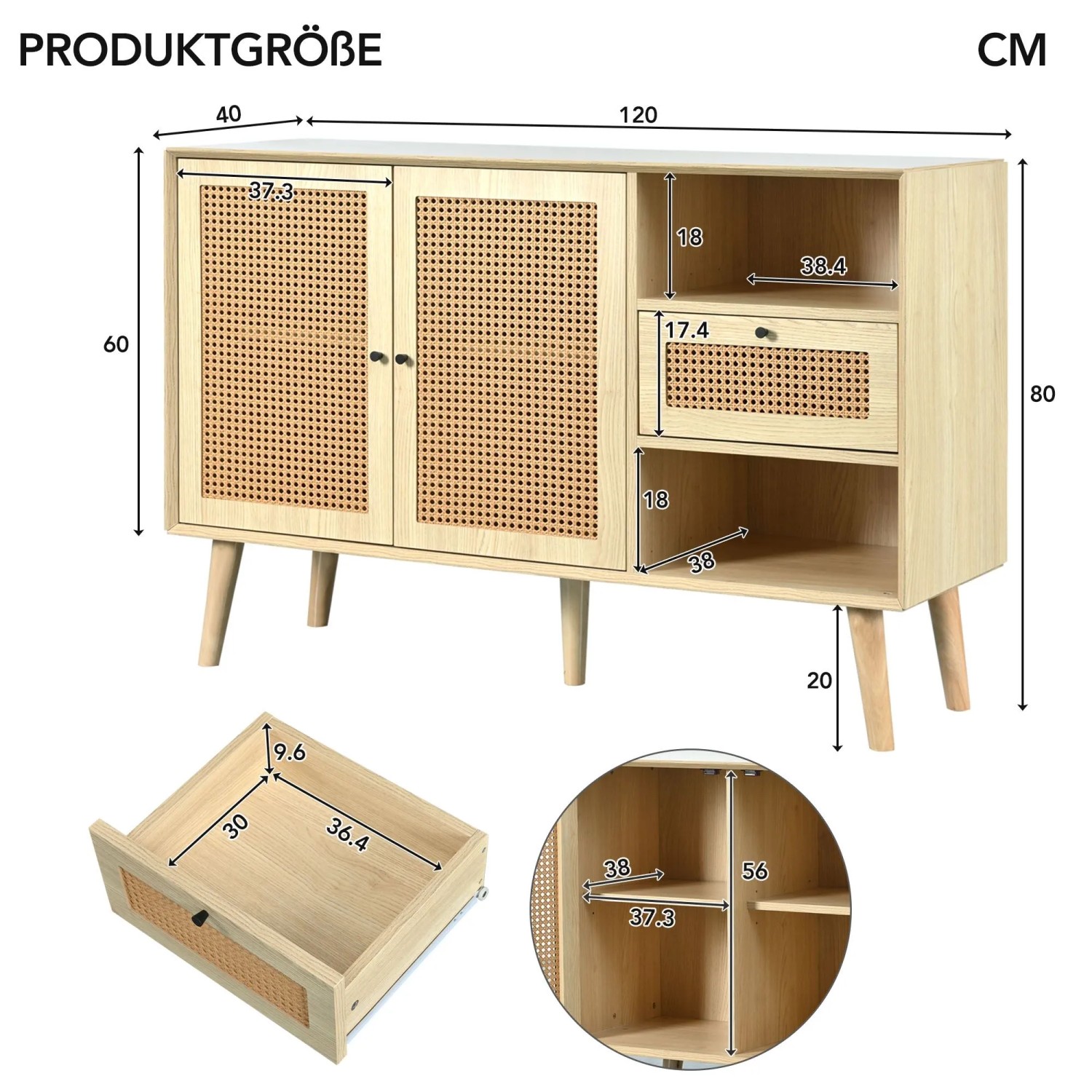 Merax Sideboard 120x40x80 cm Eiche Rattan 1 Schublade 2 Türen Verstellbare Ablagen_5