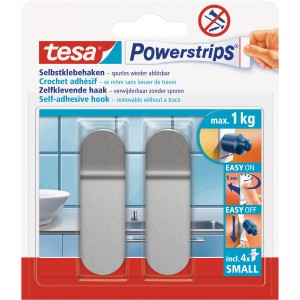 Tesa Powerstrips Klebehaken Edelstahl, 2er-Pack, für Küche & Bad, bis 1 kg Tragkraft.