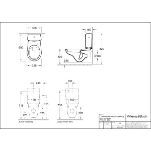Technische Zeichnung Villeroy & Boch O.novo Wand-WC, Tiefspüler in Alpinweiß mit Maßen.