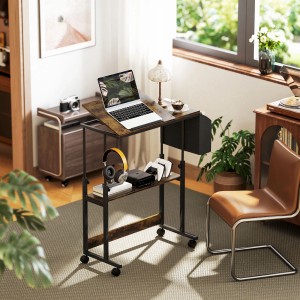 HOMCOM Schreibtisch, rustikal-braun, höhenverstellbar mit Rollen und Ablage.