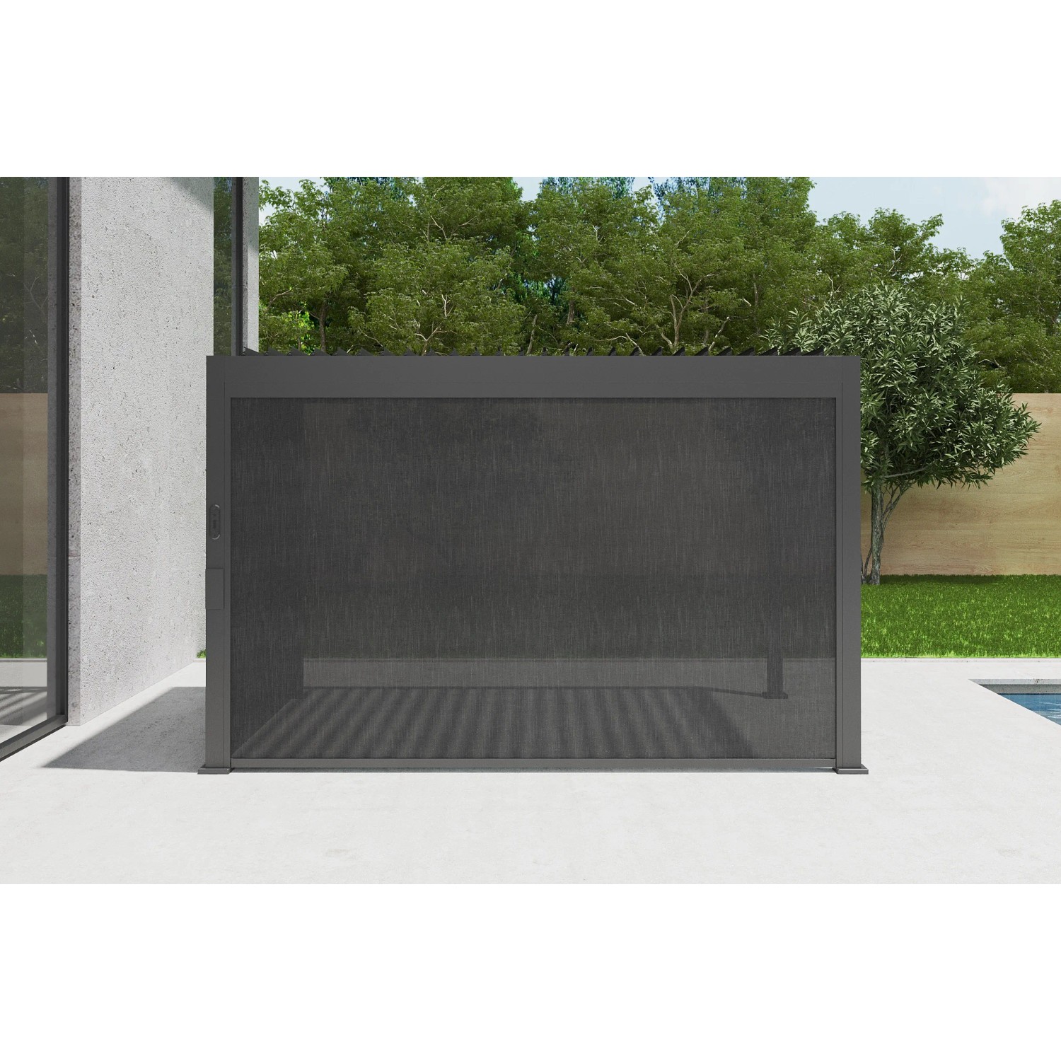 Anthrazitfarbenes 4m Rolllo für Pergola, bietet Schutz vor Sonne und Wind. Ideal für Pavillons.